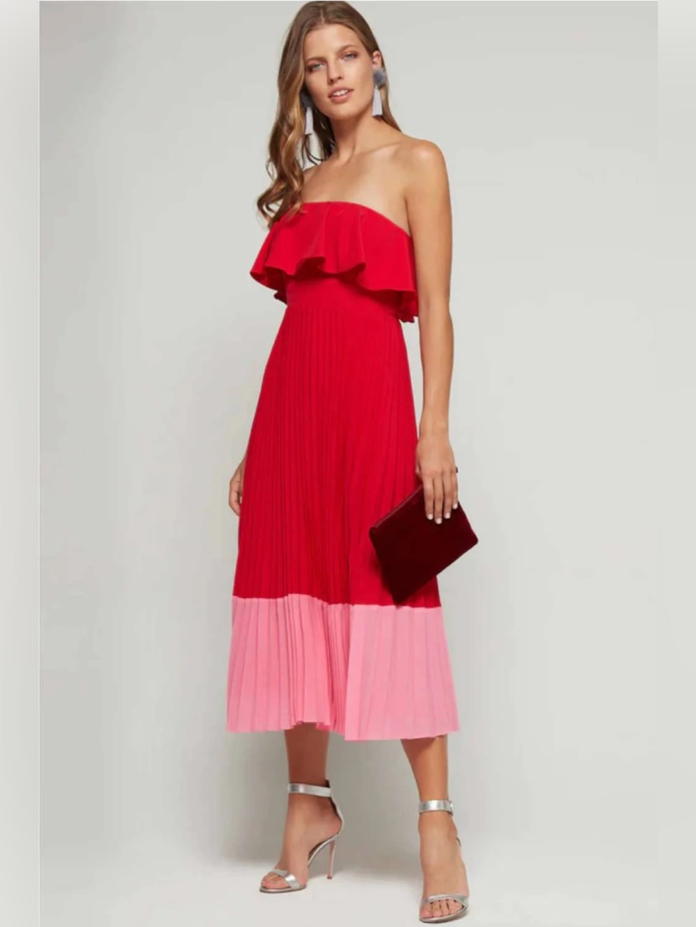 Adrianna‎ Papell Strawberry Strapless Pleated Midi Dress Size Small 4